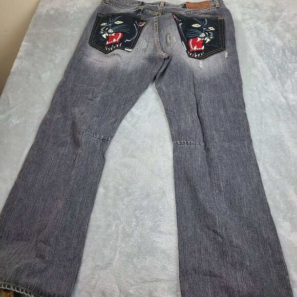 Ed Hardy Denim‎ embroidered black panther head patch leopard jean 40x34 Y2K Rare - Picture 11 of 12